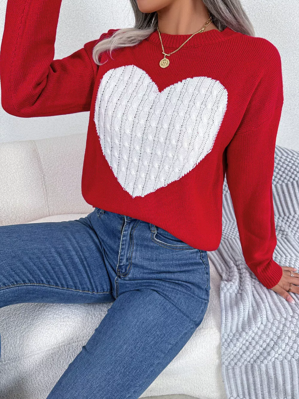 Cable Knit Heart Round Neck Sweater, image 11