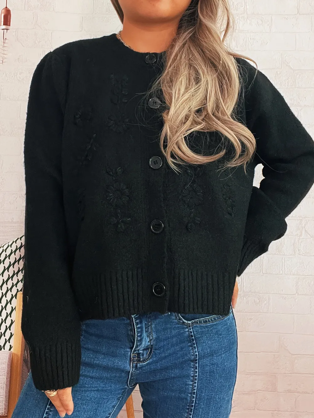 Flower Button Up Ribbed Hem Cardigan, image 13