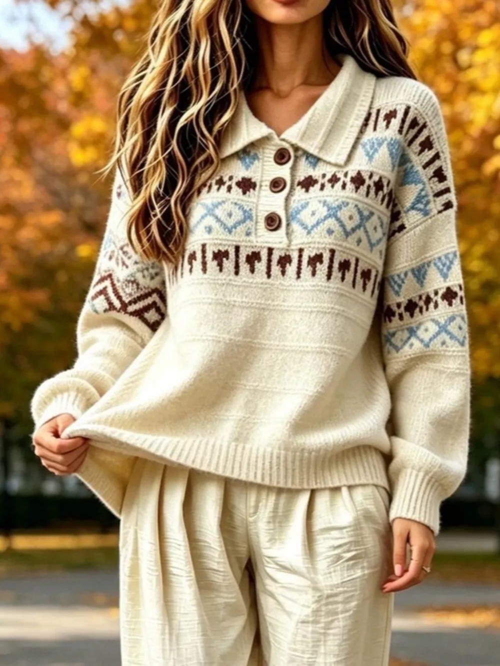 Full Size Vintage Fair Isle Pattern Polo Collar Sweater Plus Size, image 3