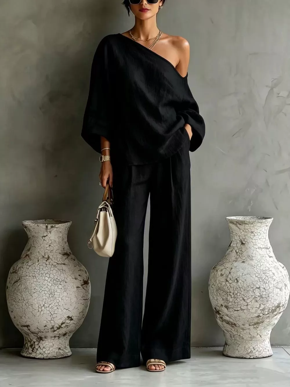 One Shoulder Top and Wide Leg Pants Set, image 3