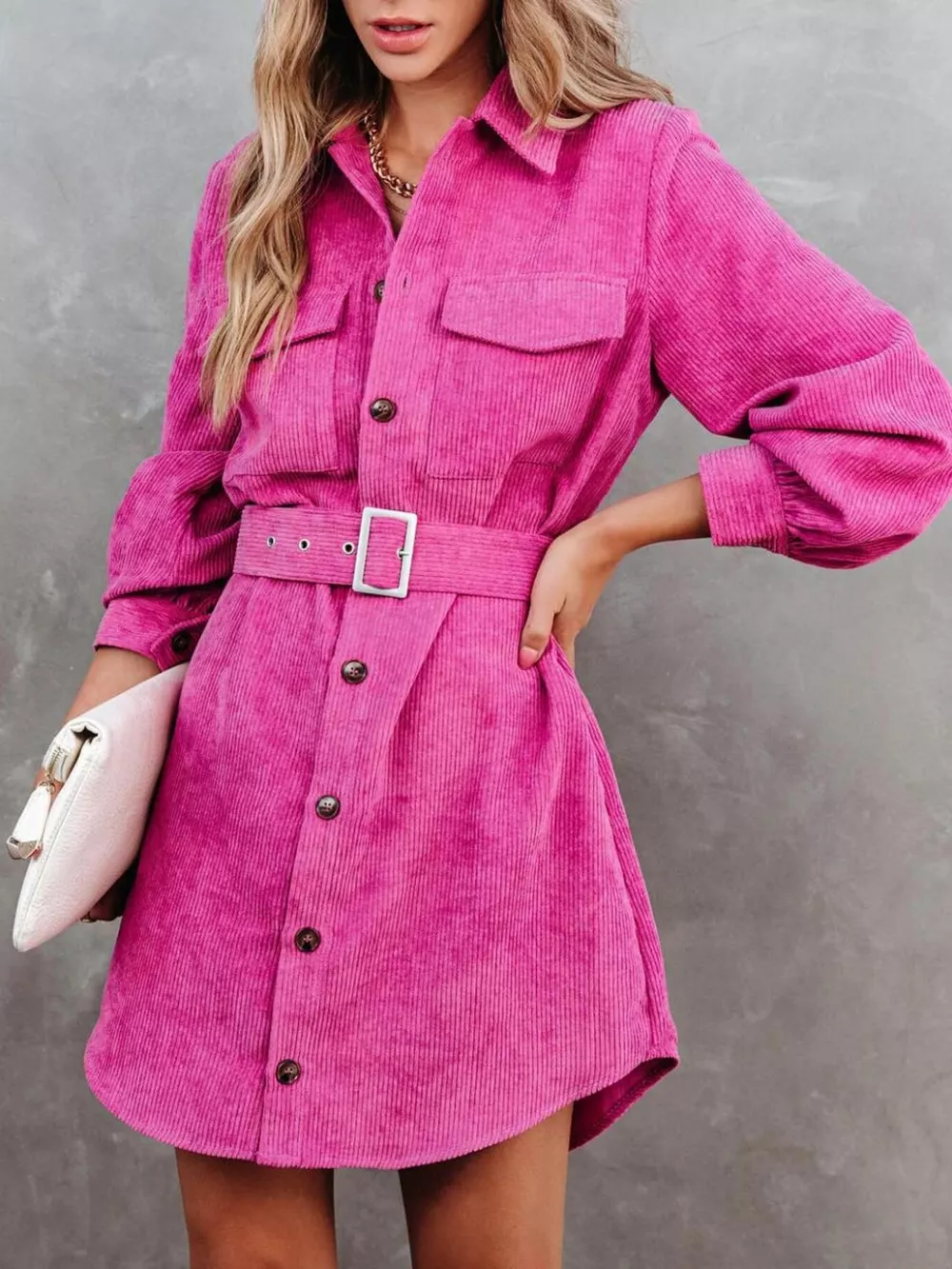 Button Front Belt Long Sleeve Corduroy Dress, image 3