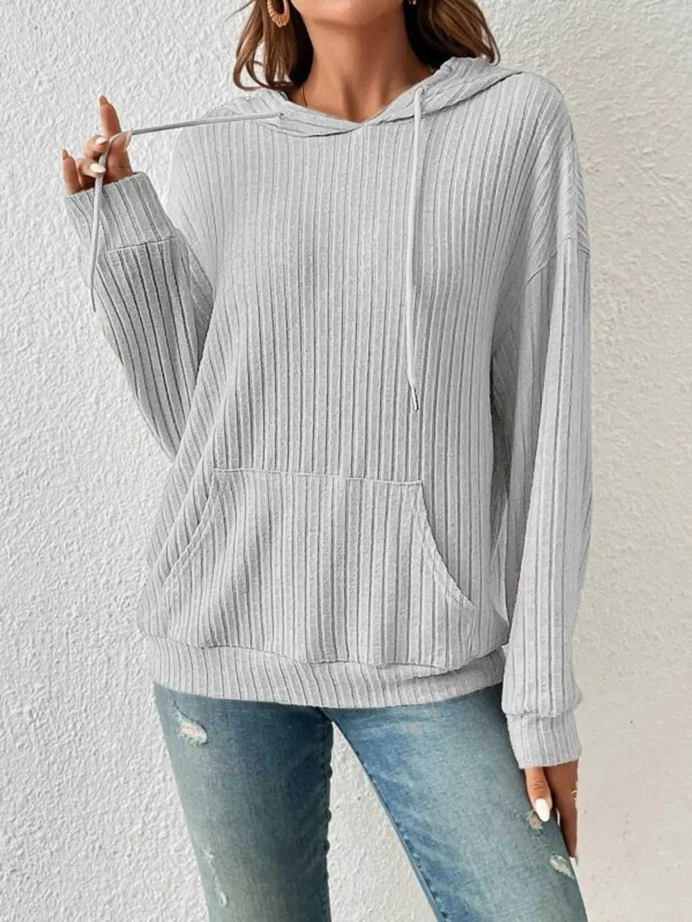 Casual Ribbed Knit Drawstring Hoodie, image 11