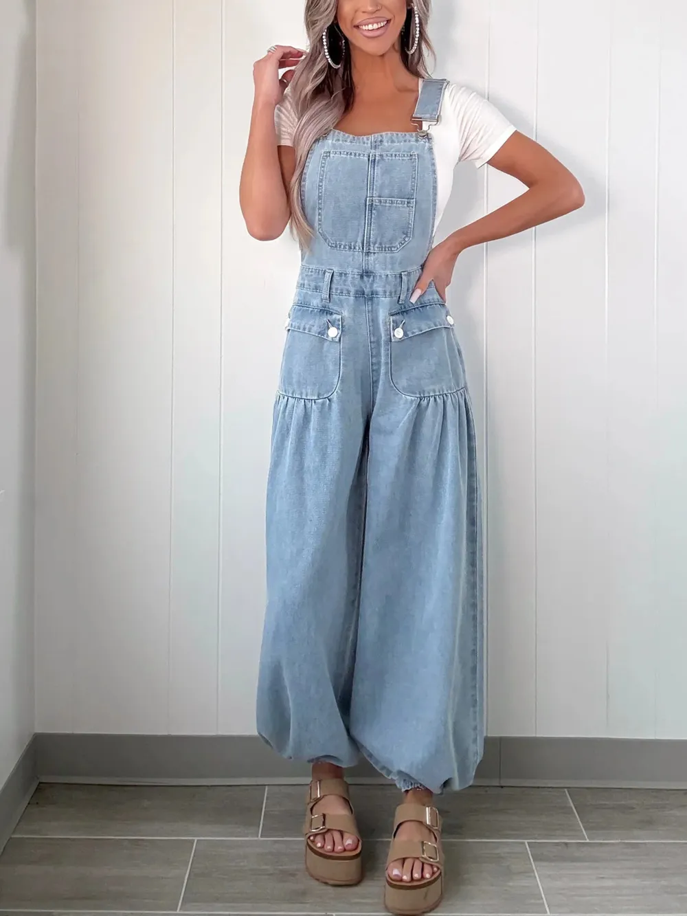 Wide Leg Denim Overalls, image 5