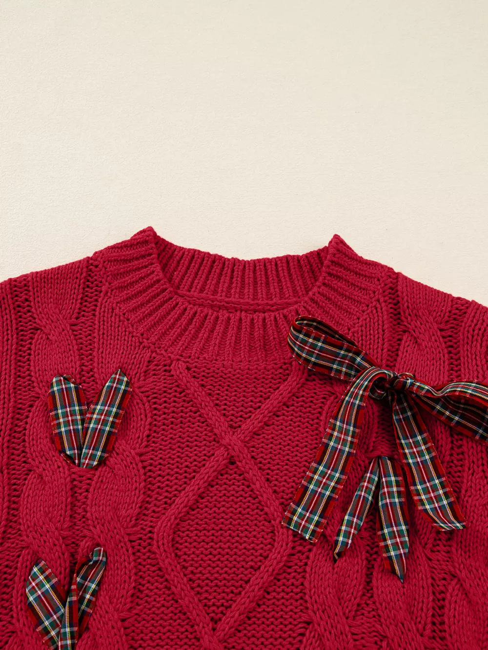 Plaid Lace Up Detail Christmas Holiday Puff Short Sleeve Sweater, image 8