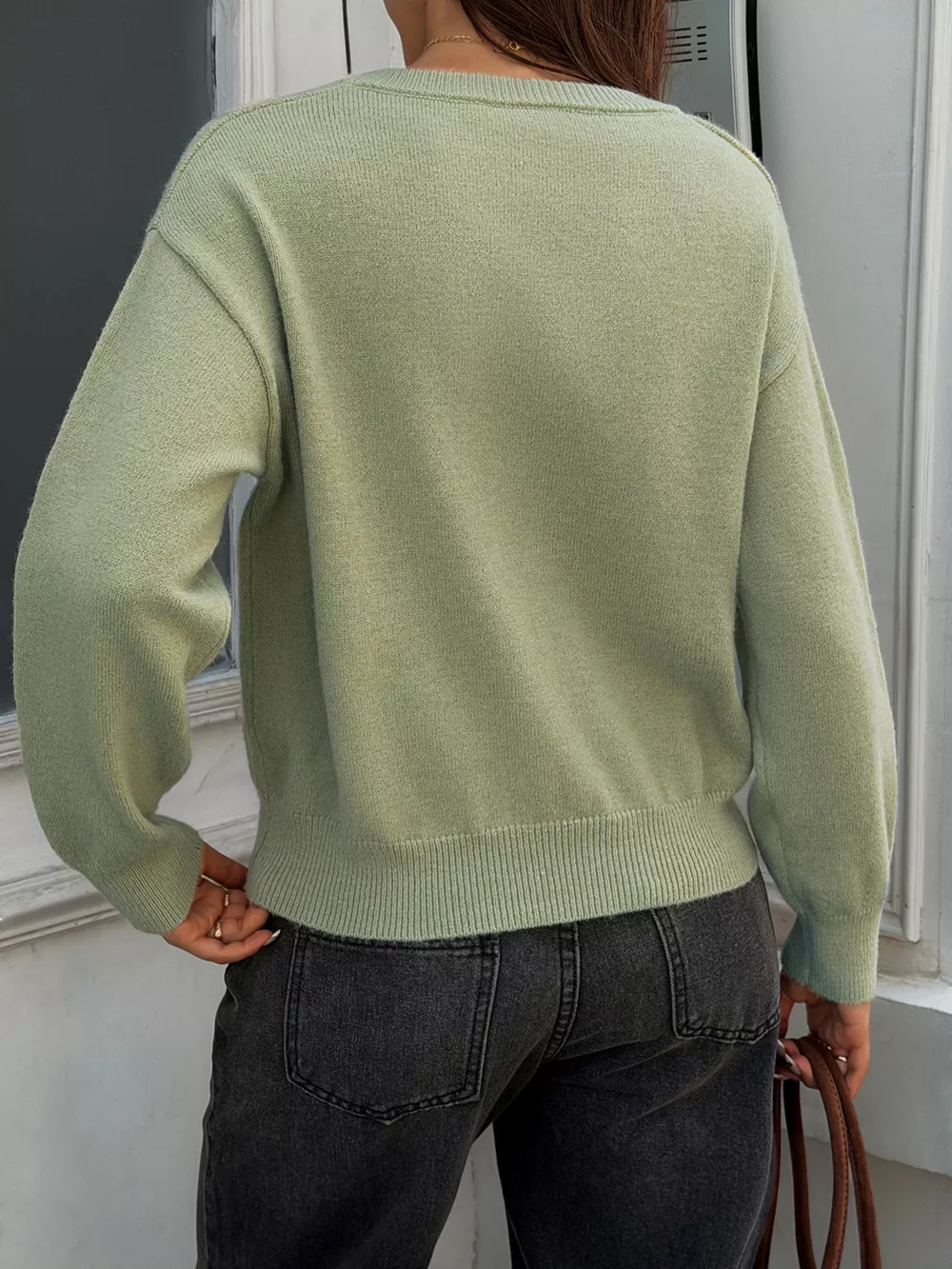V-Neck Ribbed Hem Sweater, image 5
