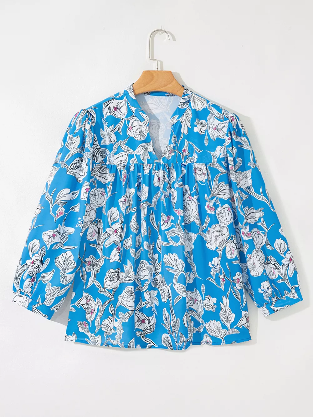 Notched Floral Print 3/4 Puff Sleeve Blouse, image 9