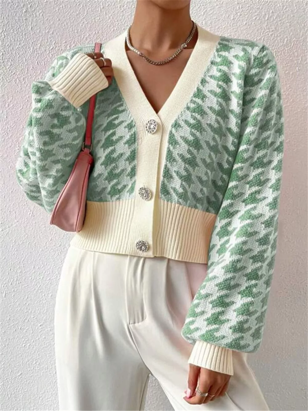 Houndstooth V-Neck Button Up Cardigan, image 16
