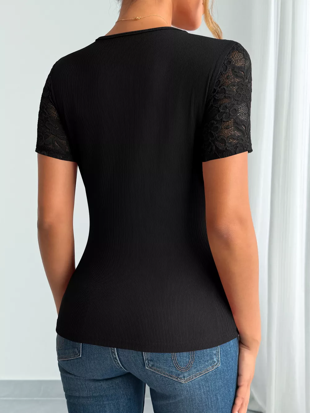 Elegant Lace Trim V-Neck Fitted Top, image 6