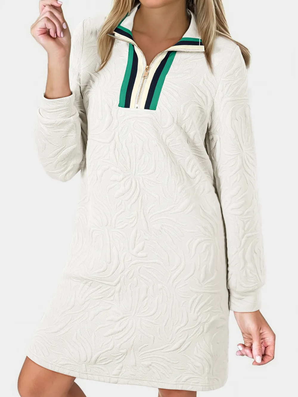 Jacquard Textured Quarter Zipper Shift Mini Dress, image 3