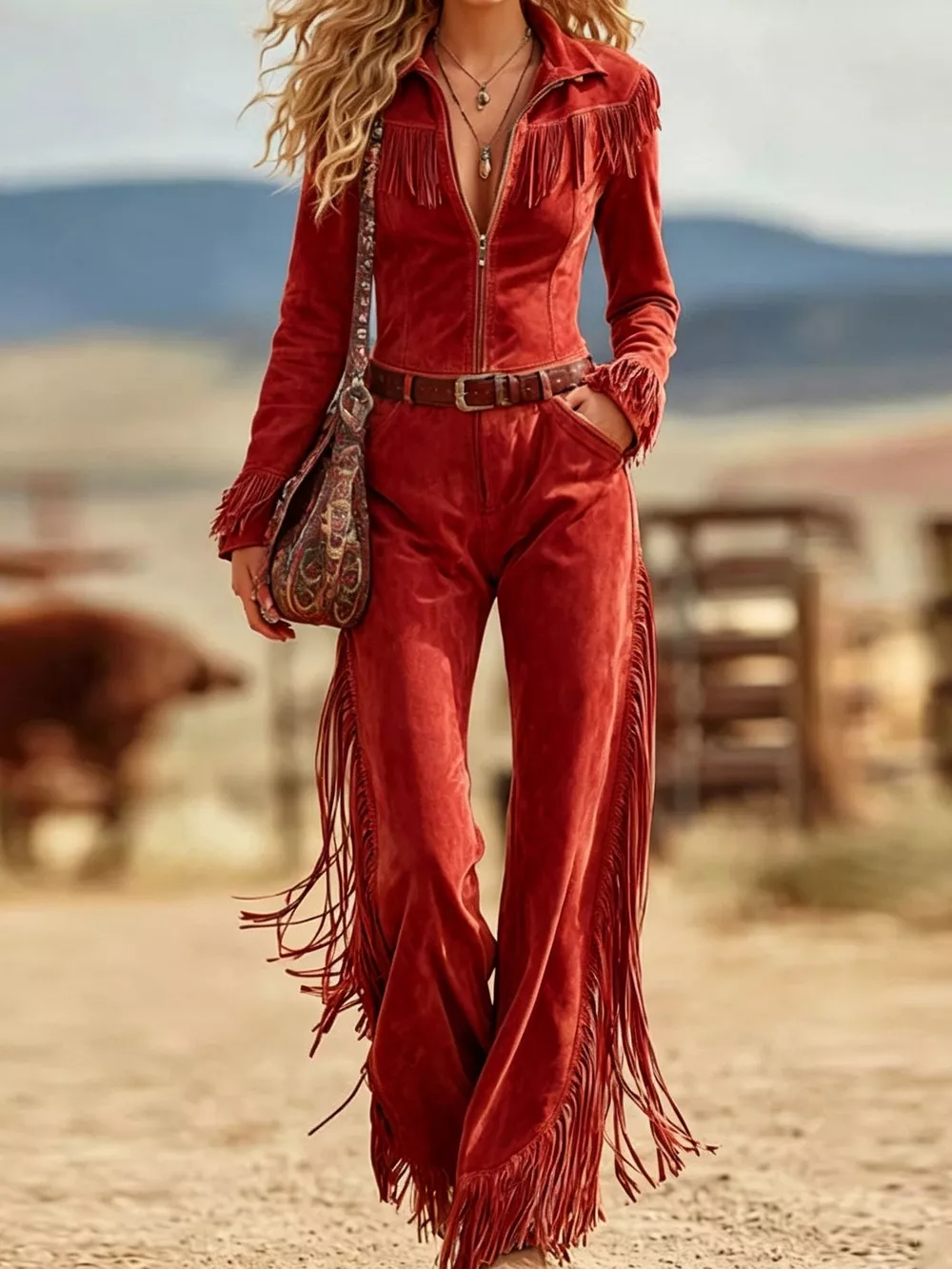 Western-Inspired Suede Fringe Jumpsuit with Zipper Front, image 5