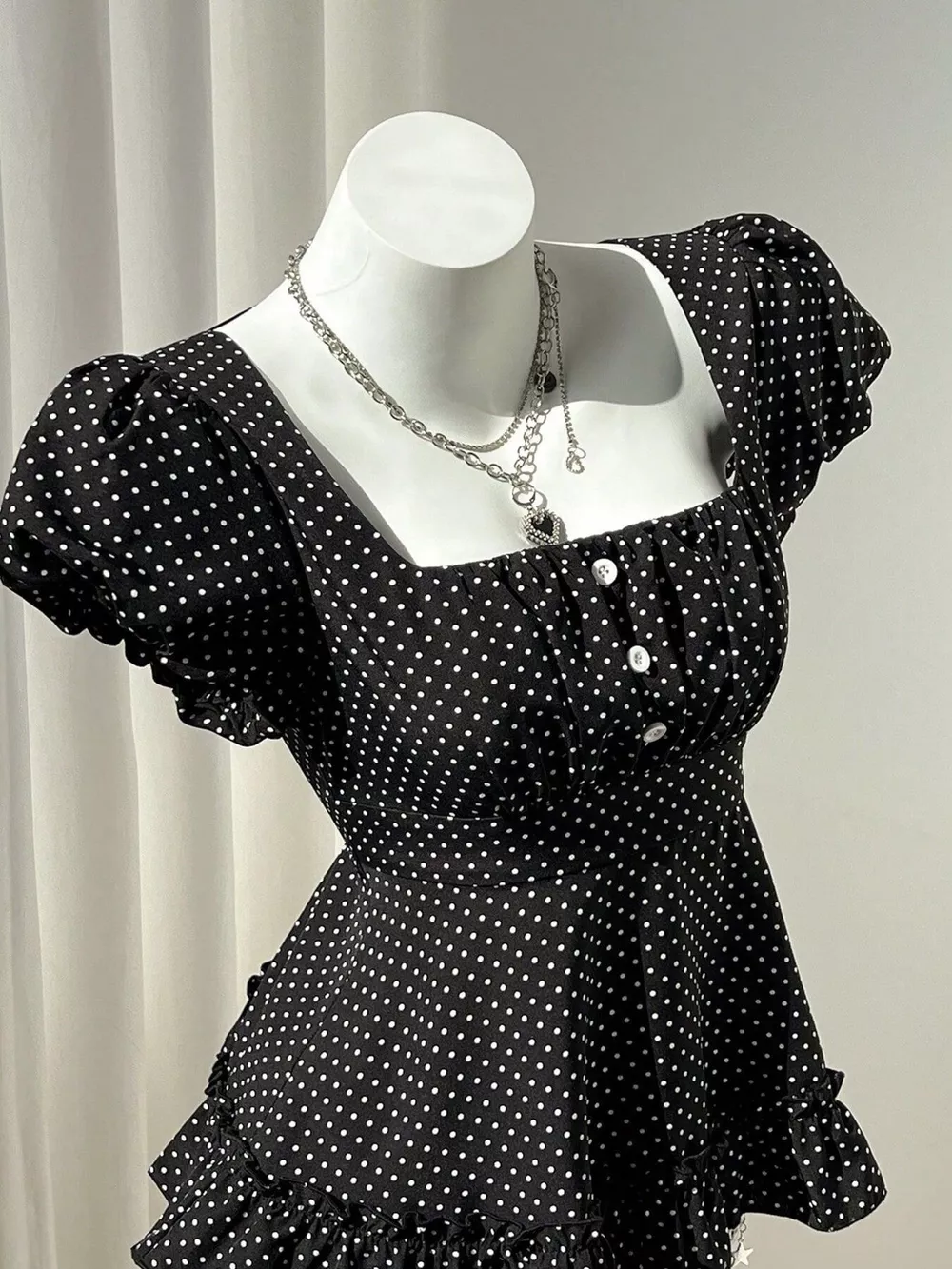 Polka Dot Square Neck Puff Sleeve Peplum Blouse, image 2