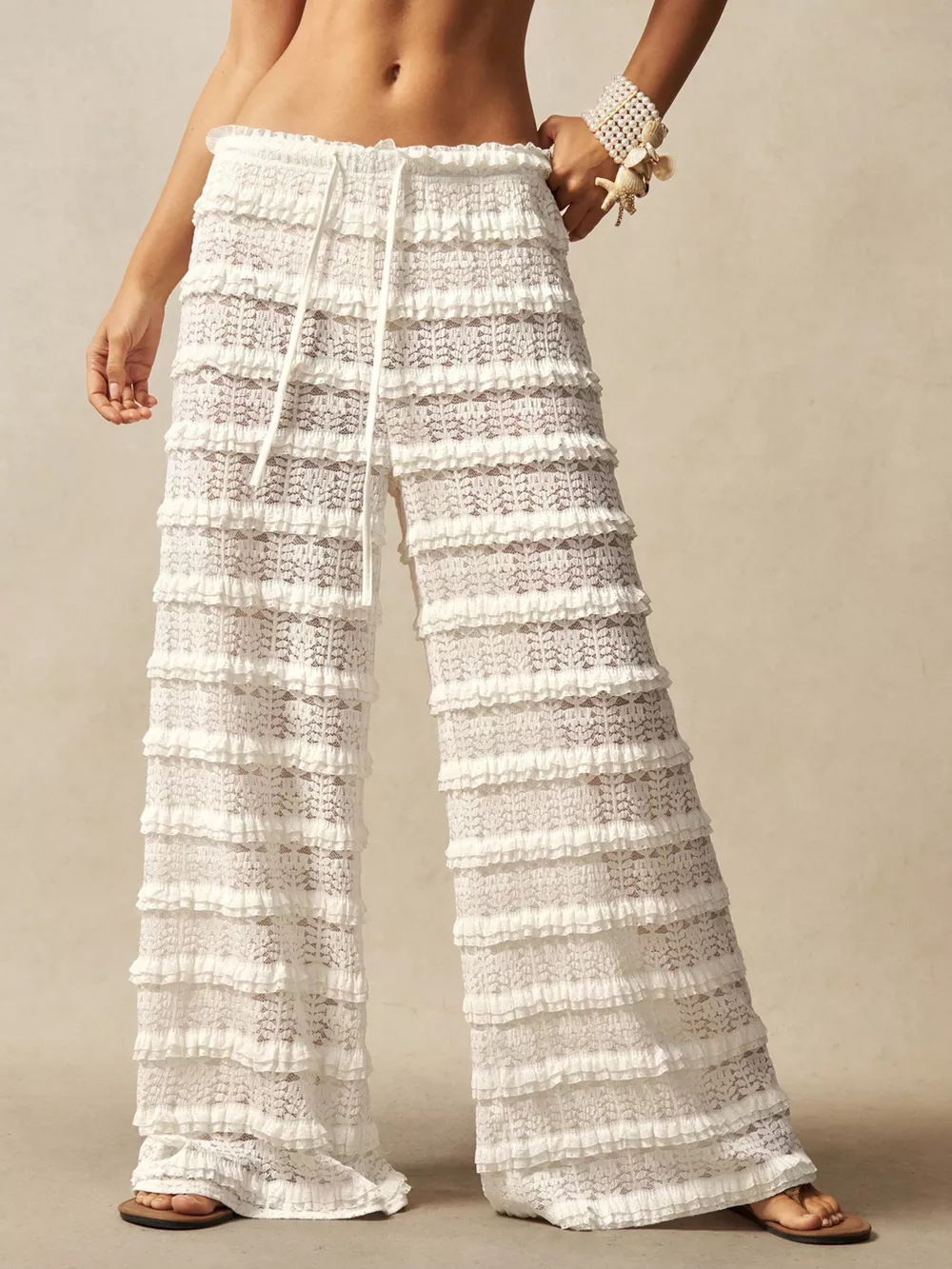 Lace Drawstring Wide-Leg Pants