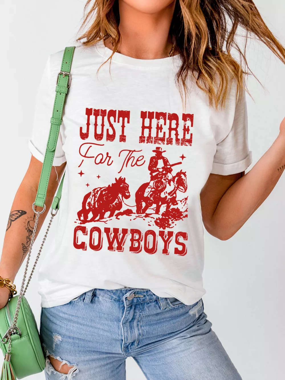 JUST HERE For THE COWBOY Cuffed Sleeve Crew Neck T Shirt, image 2