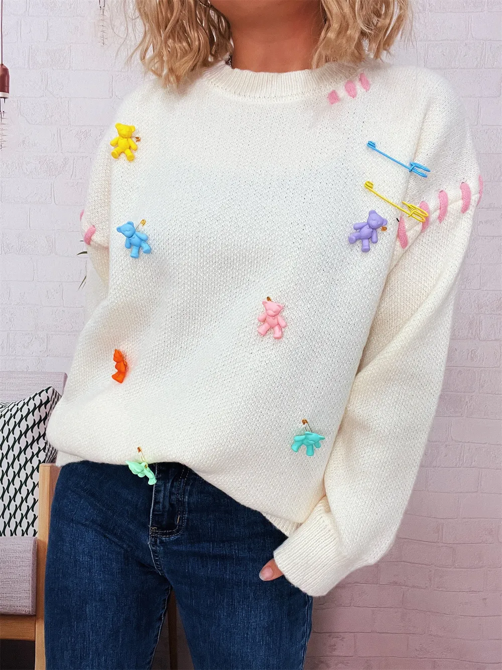 Bear Decoration Round Neck Sweater, image 13