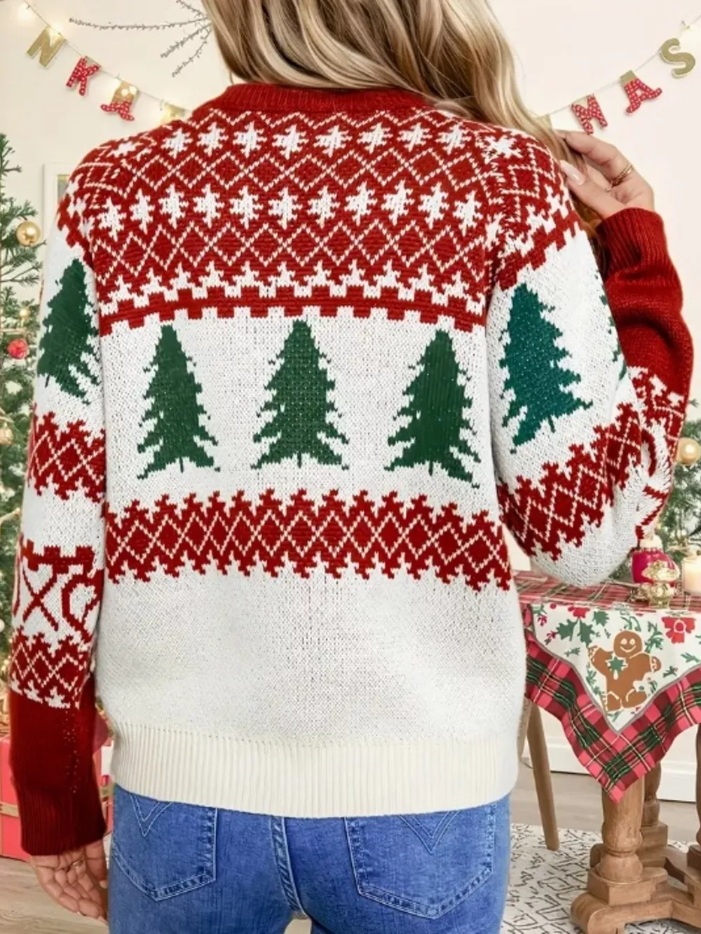 Christmas Tree Pattern Round Neck Sweater, image 6
