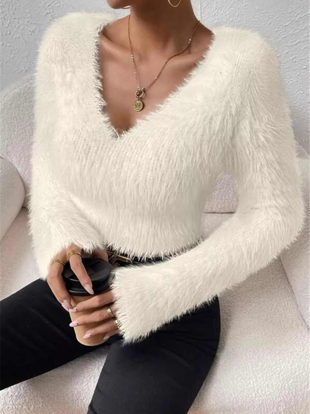 Fluffy Knit V-Neck Sweater, image 5