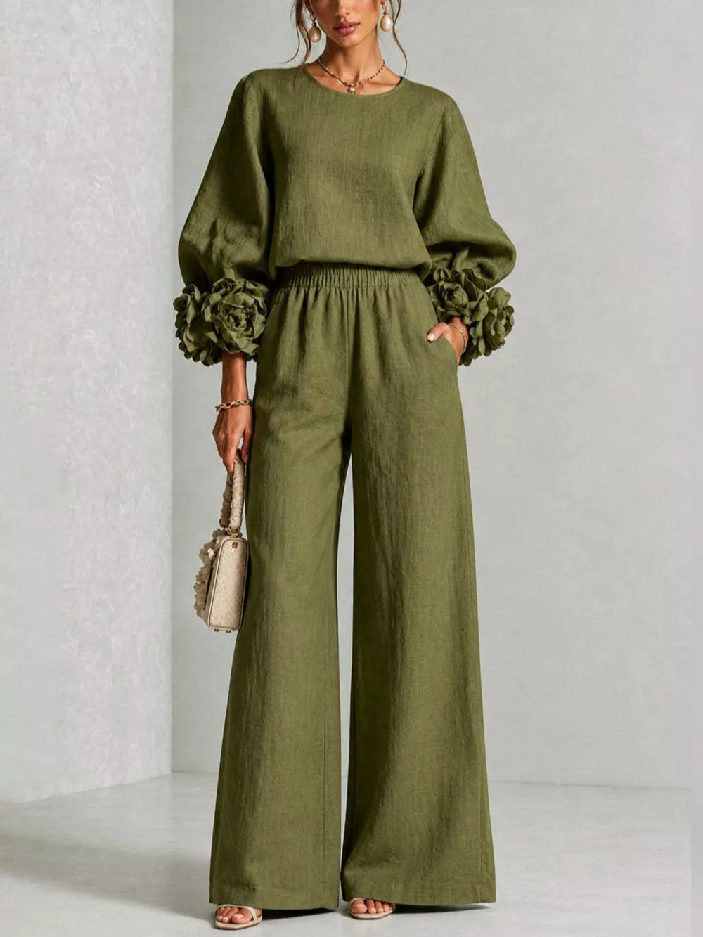 Full Size Floral Cuffs Top and Wide Leg Pants Set Plus Size, image 13