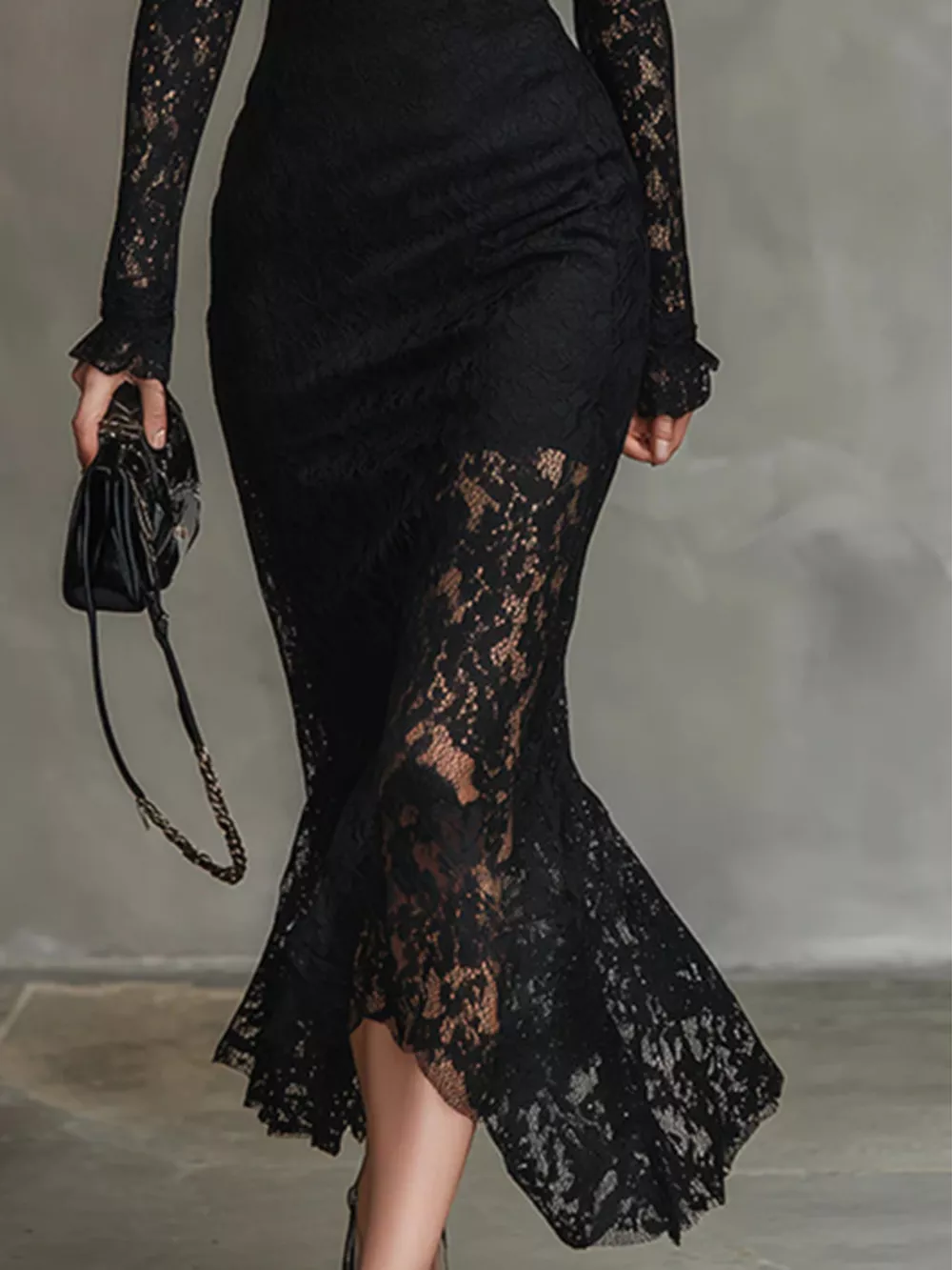 Lace Mock Neck Long Sleeve Mermaid Midi Dress, image 3