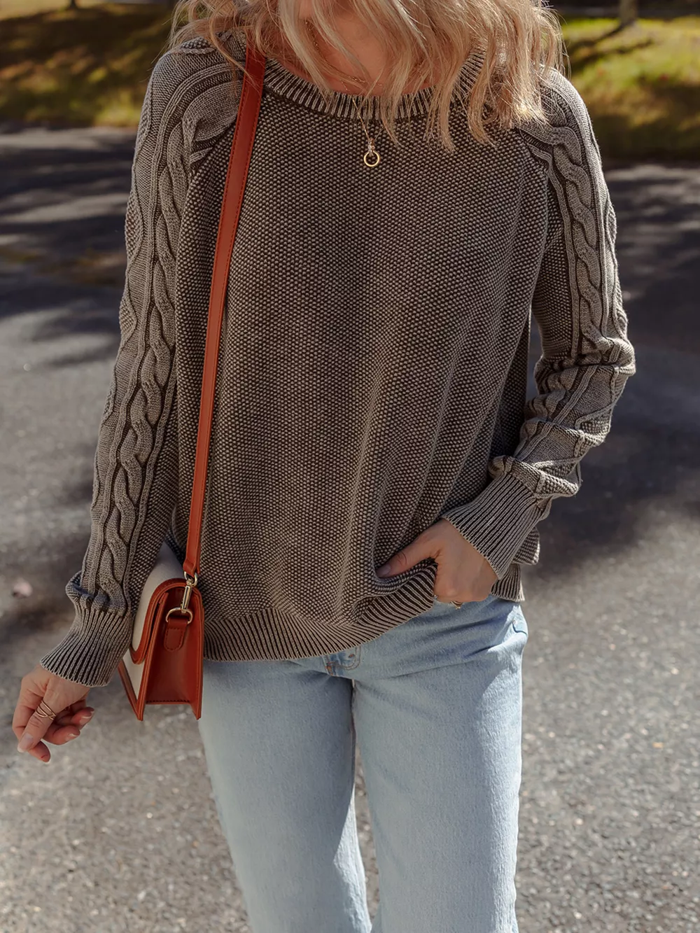 Contrast Cable Knit Sleeve Casual Sweater, image 11