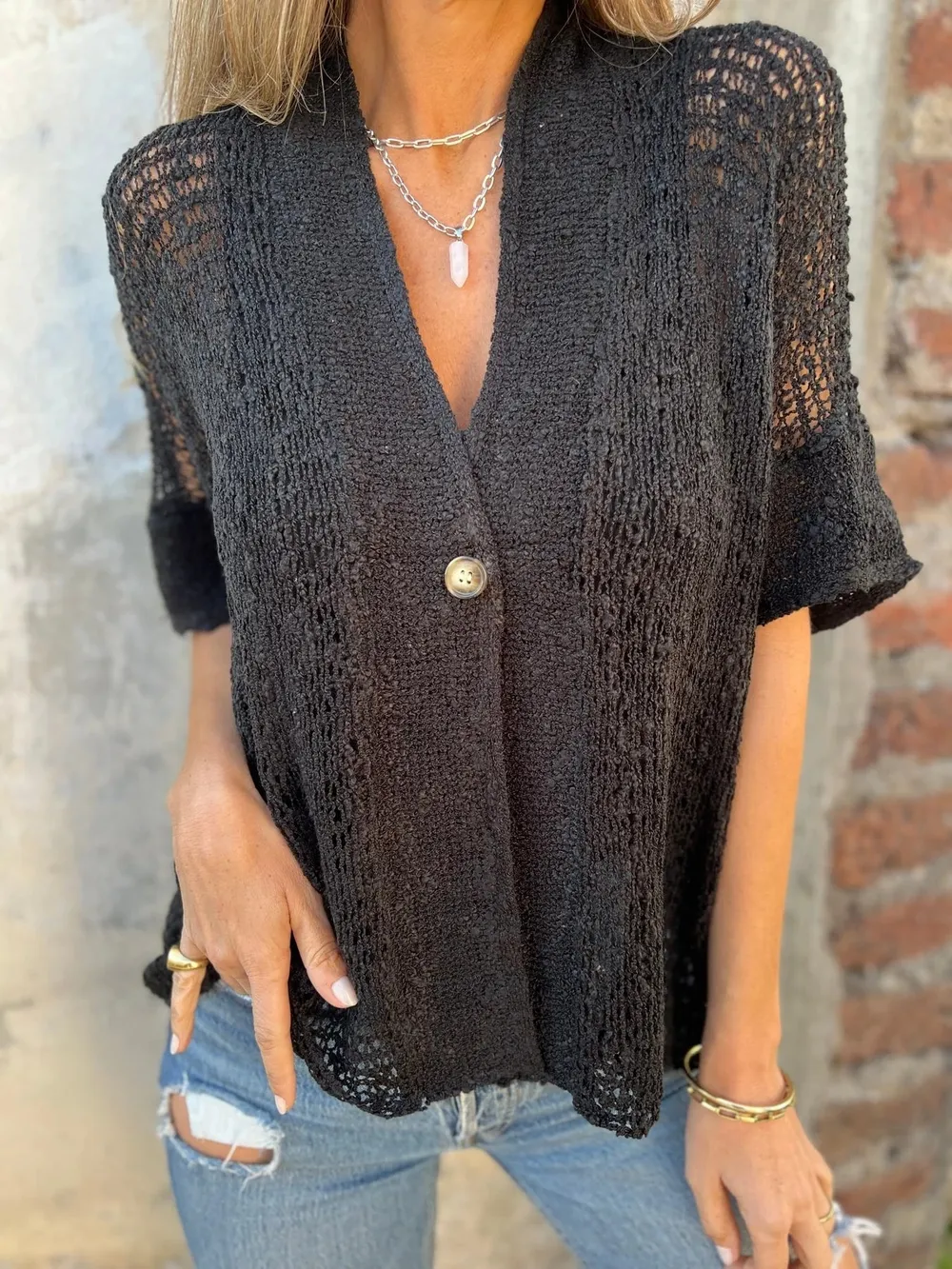 Full Size One Button Openwork Cardigan Plus Size