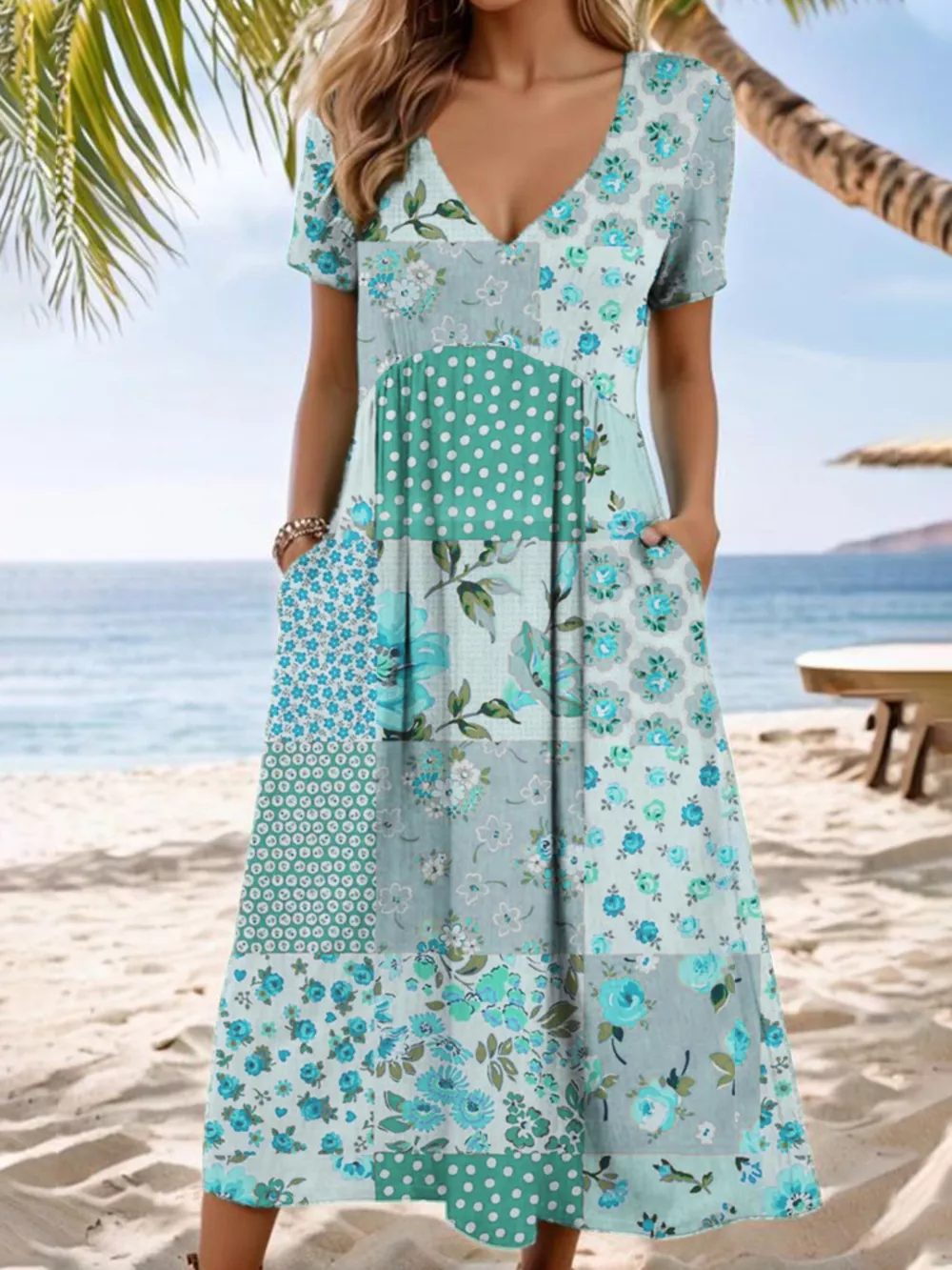 Full Size Floral V-Neck Casual Midi Dress Plus Size, image 3