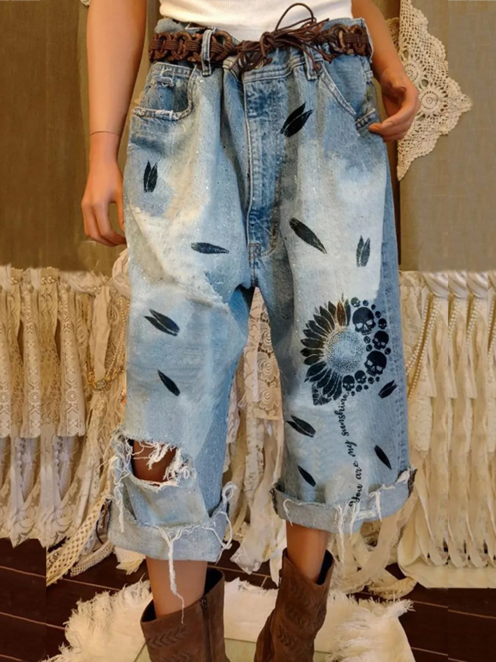 Full Size Distressed Skull Print Jeans Plus Size, image 3