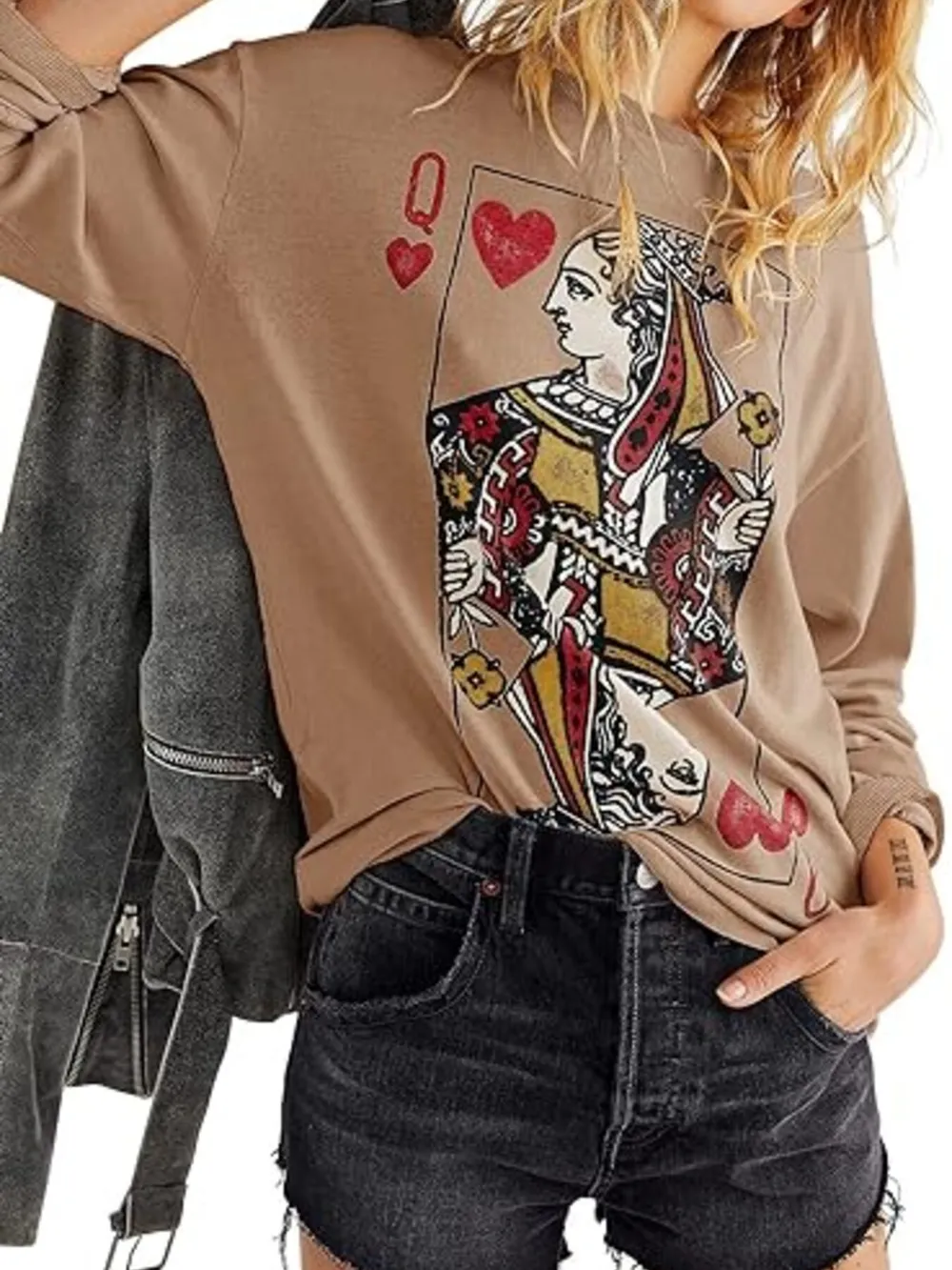 Queen of Hearts Playing Card Graphic Round Neck Sweatshirt, image 3
