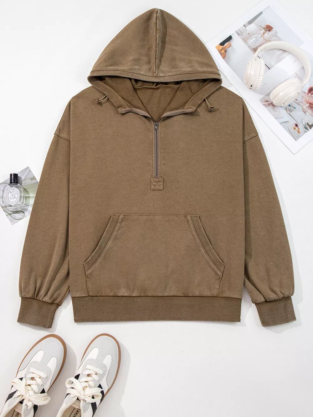 Half Zip Kangaroo Pocket Mineral Wash Baggy Hoodie, image 10