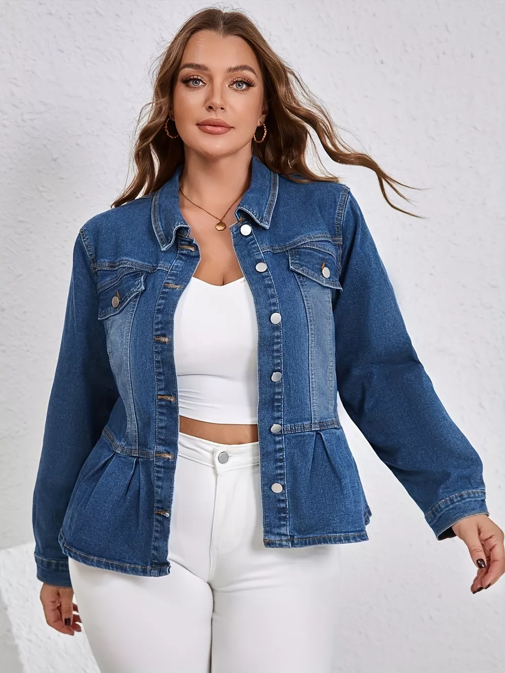 Plus Size Button-Up Peplum Denim Jacket, image 4