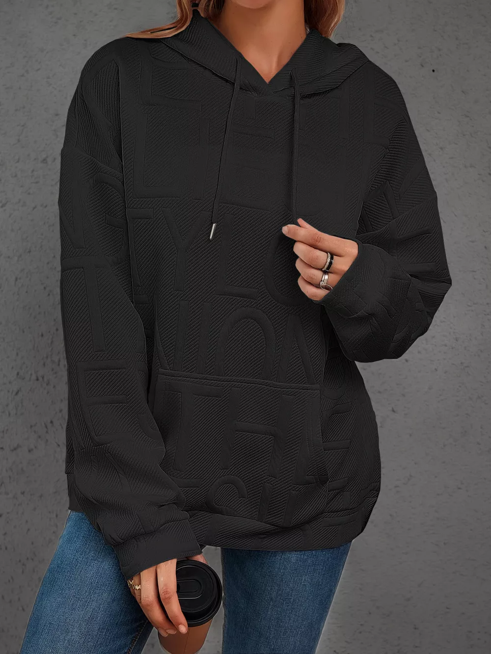 Full Size Textured Embossed Long Sleeve Hoodie Plus Size