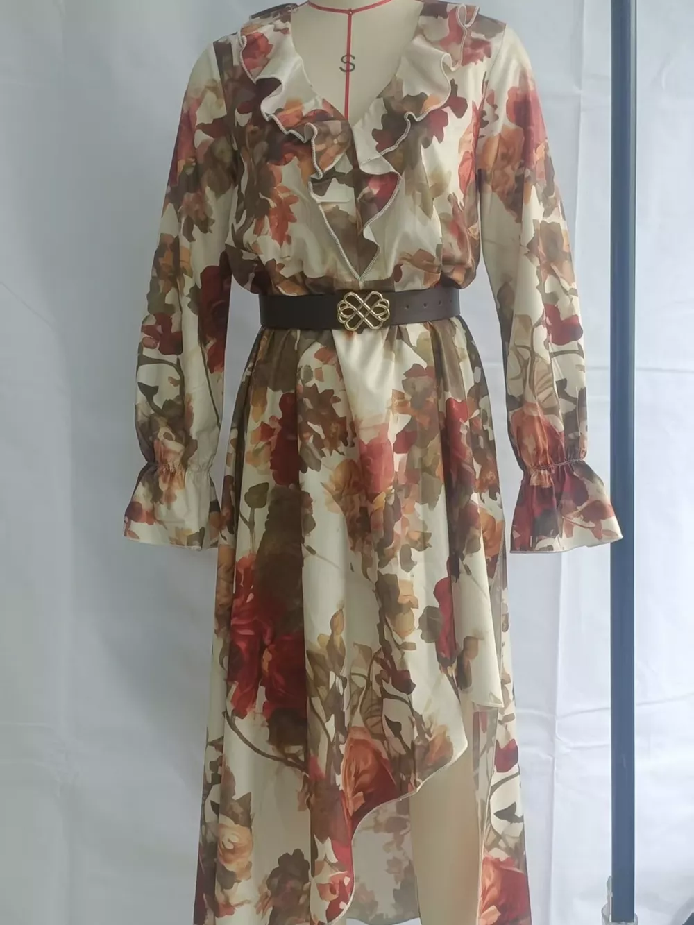 Floral Print Ruffle Trim High-Low Chiffon Maxi Dress, image 6