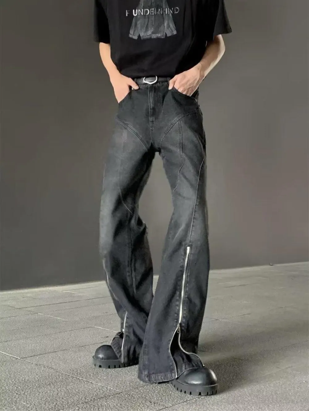 Men's Plus Size Washed Flare Jeans with Zipper Detail