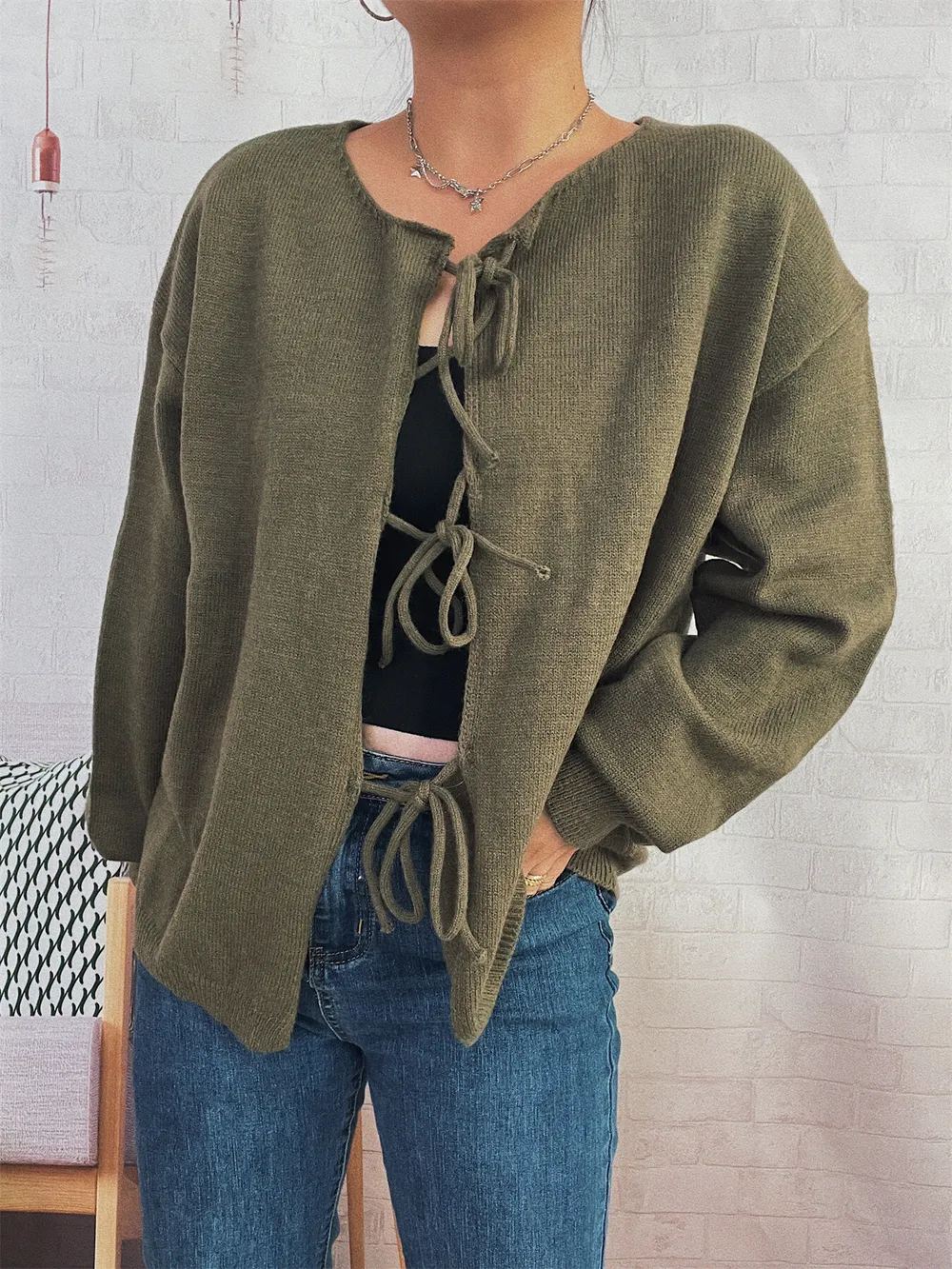 Tie Front Drop Shoulder Cardigan, image 19