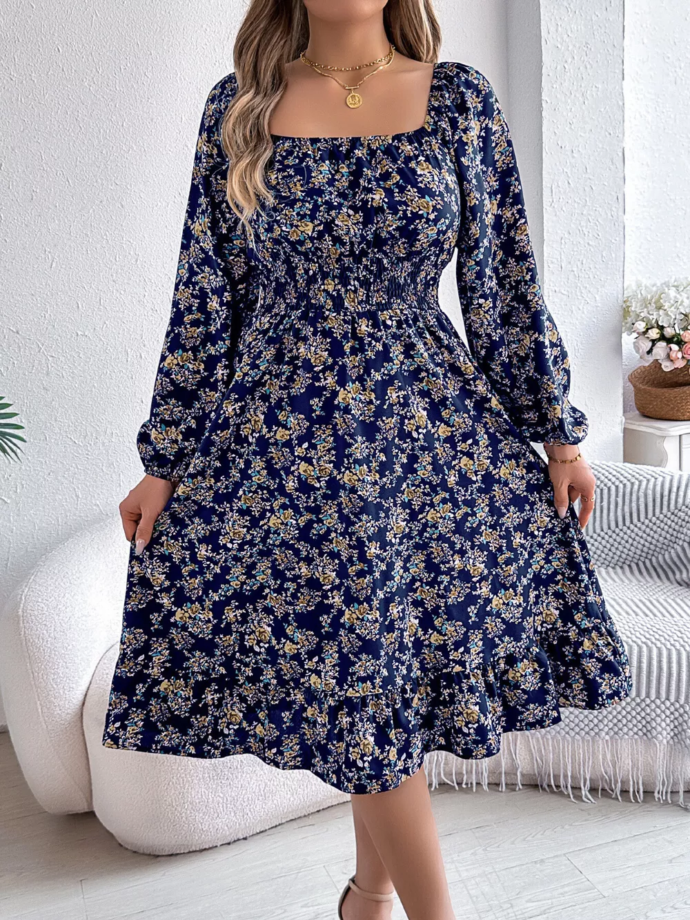 Floral Print Long Sleeve Square Neck Midi Dress, image 17