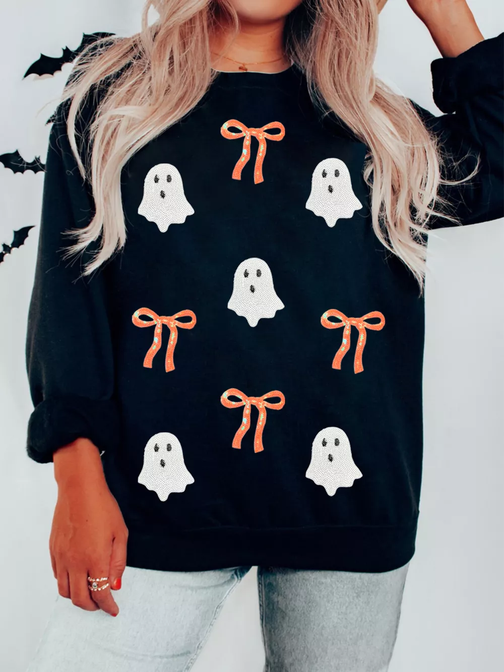 Halloween Ghost Bow Sequin Patched Drop Shoulder Sweatshirt, image 2