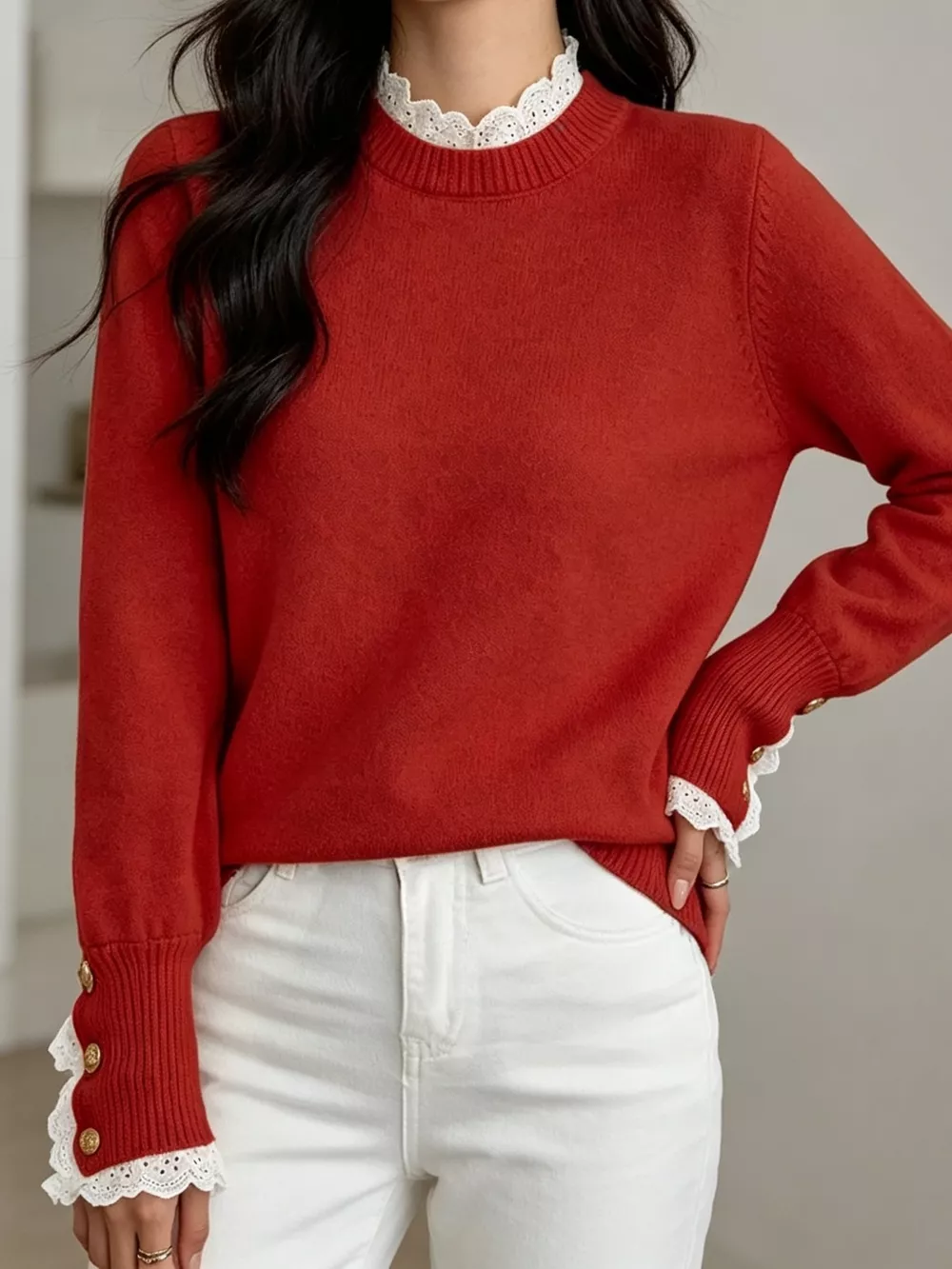 Lace Trim Mock Neck Sweater, image 4