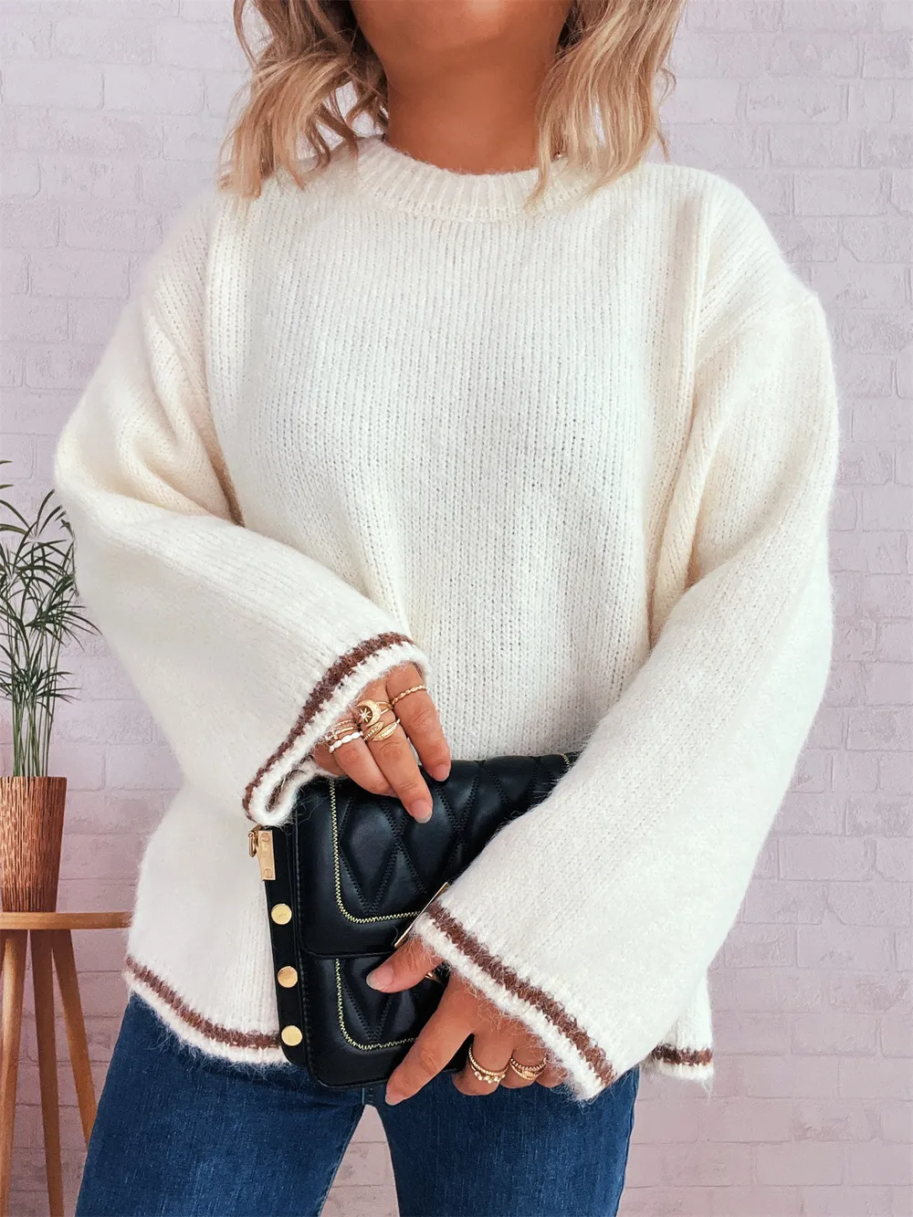 Contrast Trim Round Neck Cozy Sweater, image 18