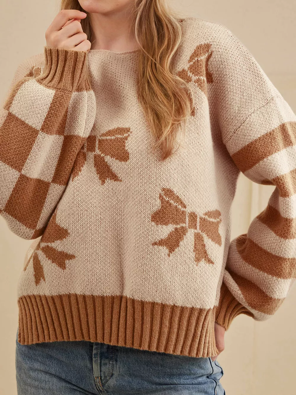 Ribbon Bow Checkered Striped Sleeve Drop Shoulder Sweater, image 9