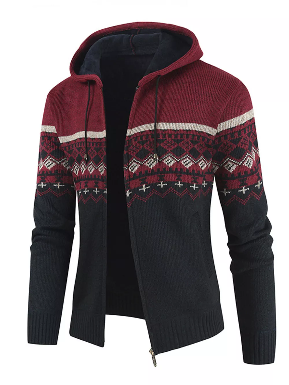 Men's Plus Size Hooded Fair Isle Pattern Knit Cardigan, image 2