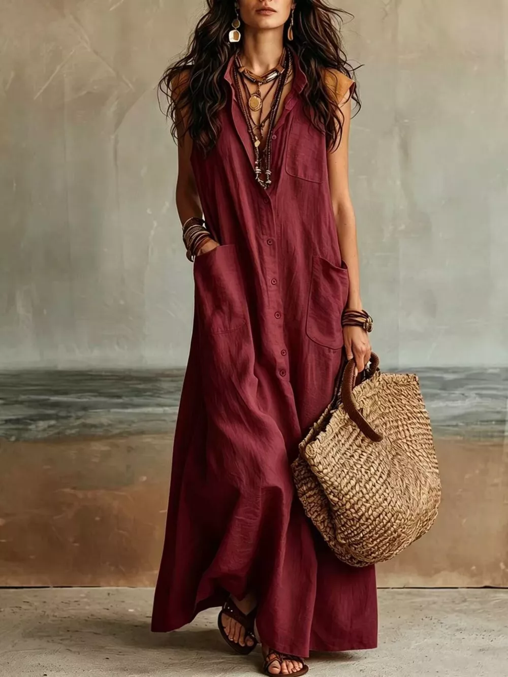 Sleeveless Button-Down Linen Maxi Dress, image 10
