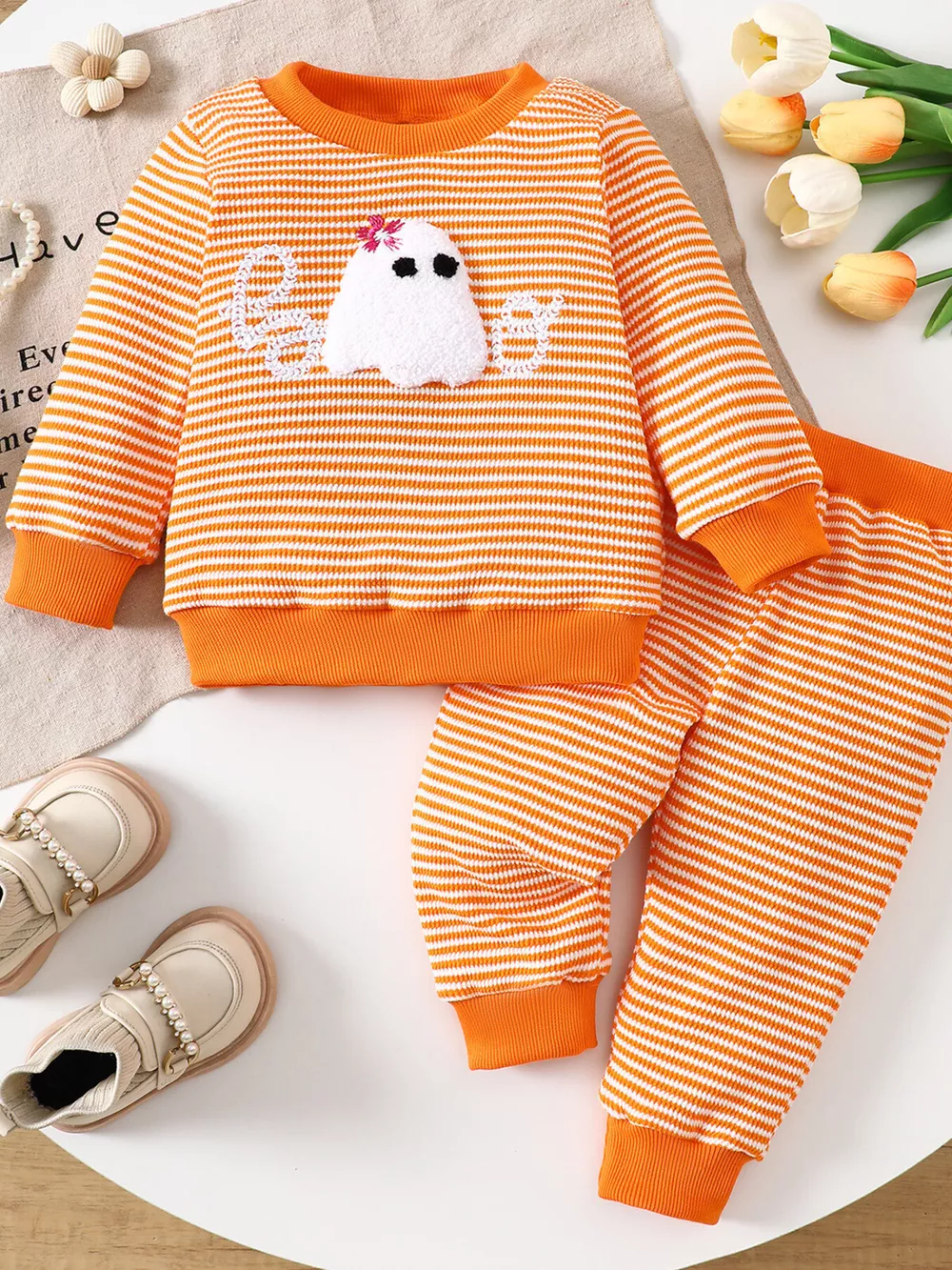 Children's Halloween Striped Ghost Top and Pants Set, image 7