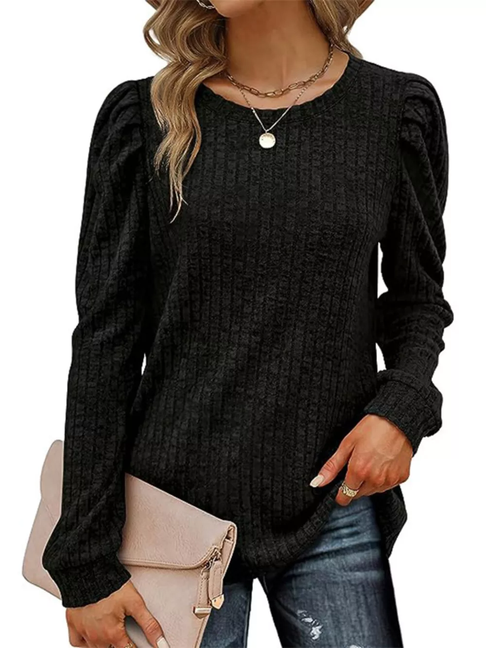 Ribbed Knit Top with Puff Sleeves, image 13