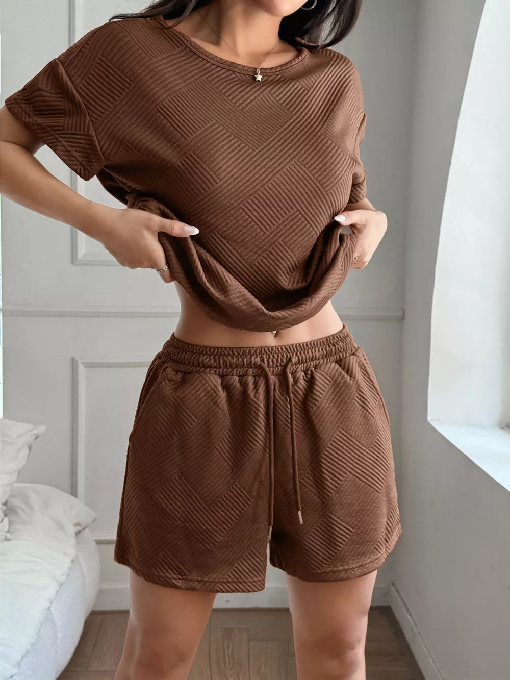 Textured Knit Round Neck Top and Shorts Set