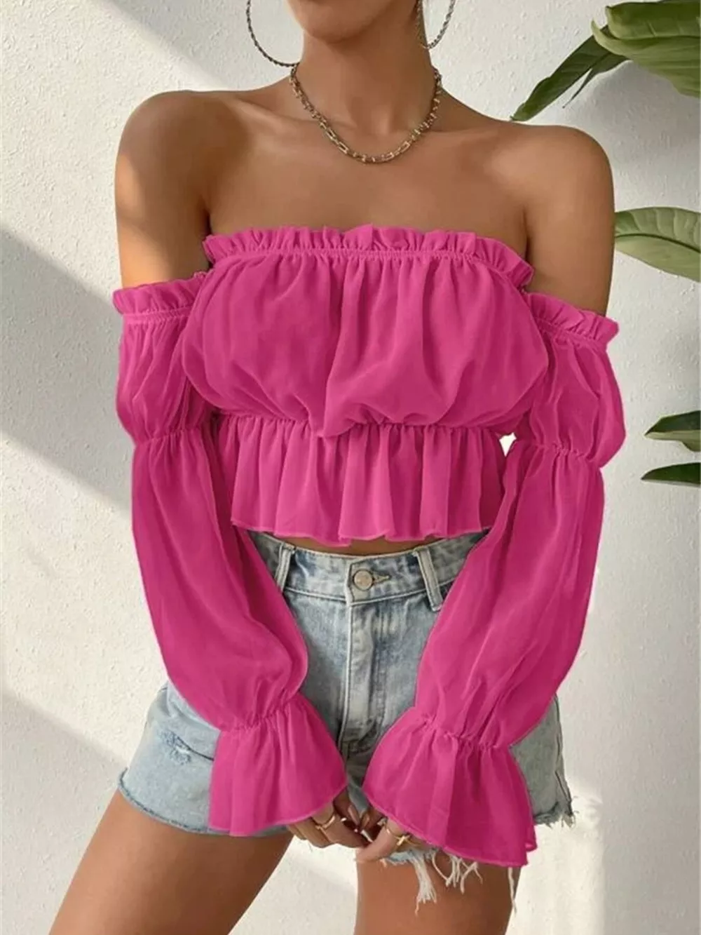 Off-Shoulder Ruffle Trim Sheer Cropped Blouse, image 15