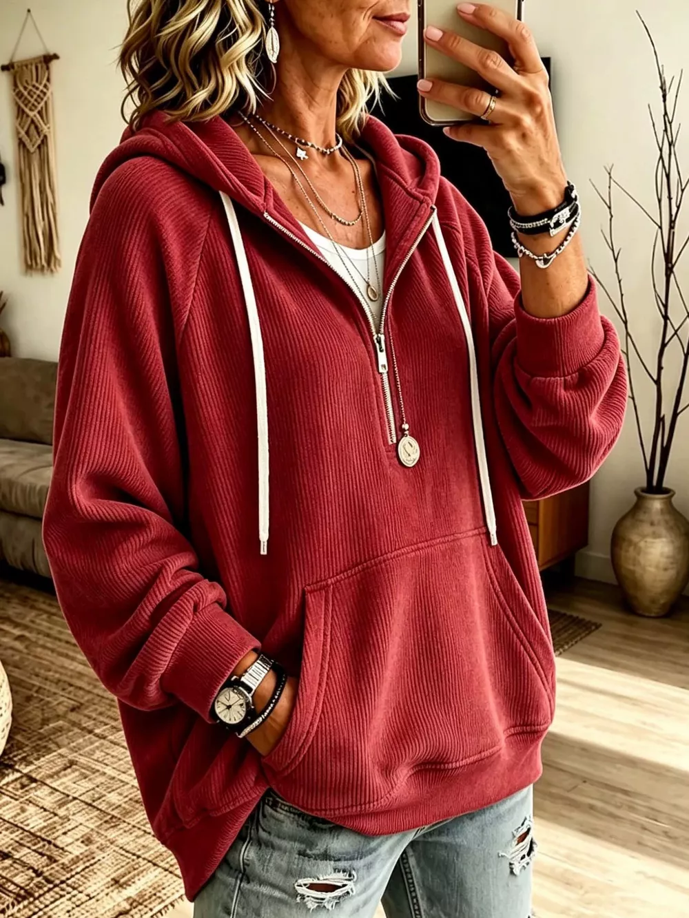 Ribbed Knit Quarter-Zip Hoodie with Kangaroo Pocket, image 5
