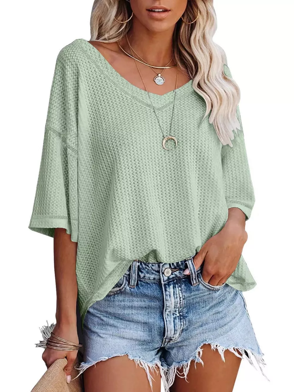 Waffle Knit V-Neck Short Sleeve T-Shirt, image 29