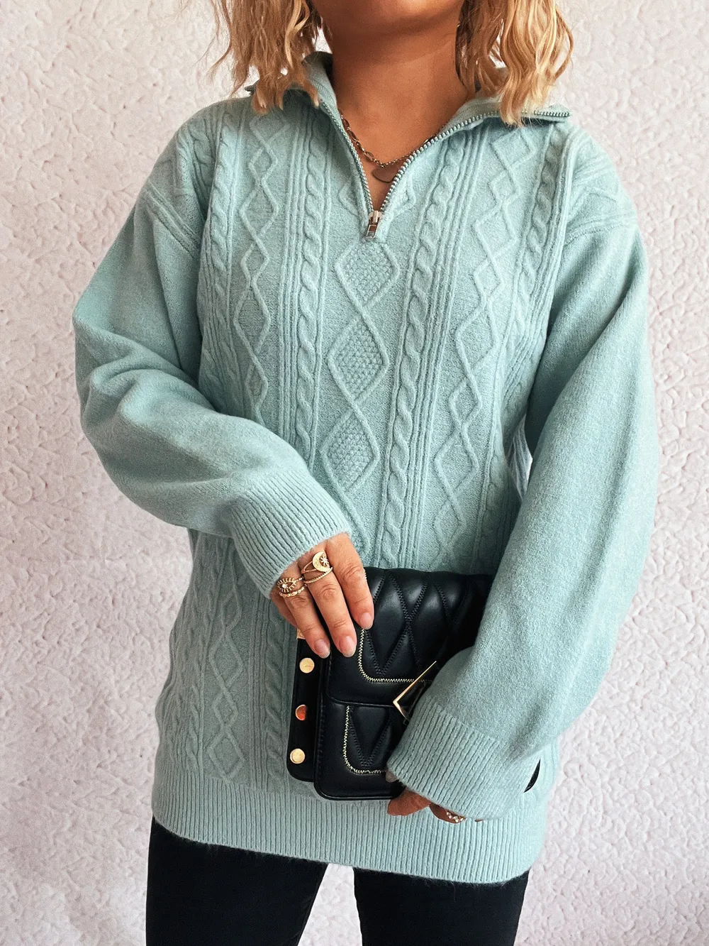 Texture Zip Collar Long Sleeve Sweater, image 7