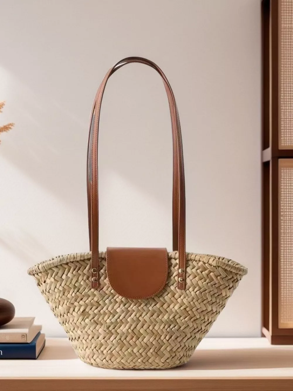 Woven Straw Shoulder Bag with Leather Accents