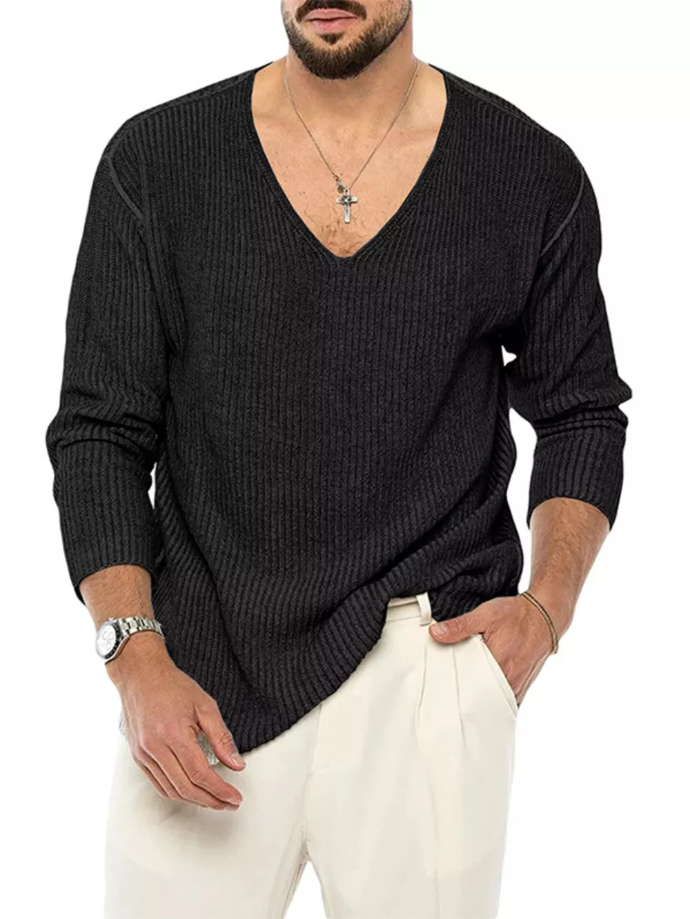 Men's Casual V-Neck Ribbed Knit Sweater, image 3