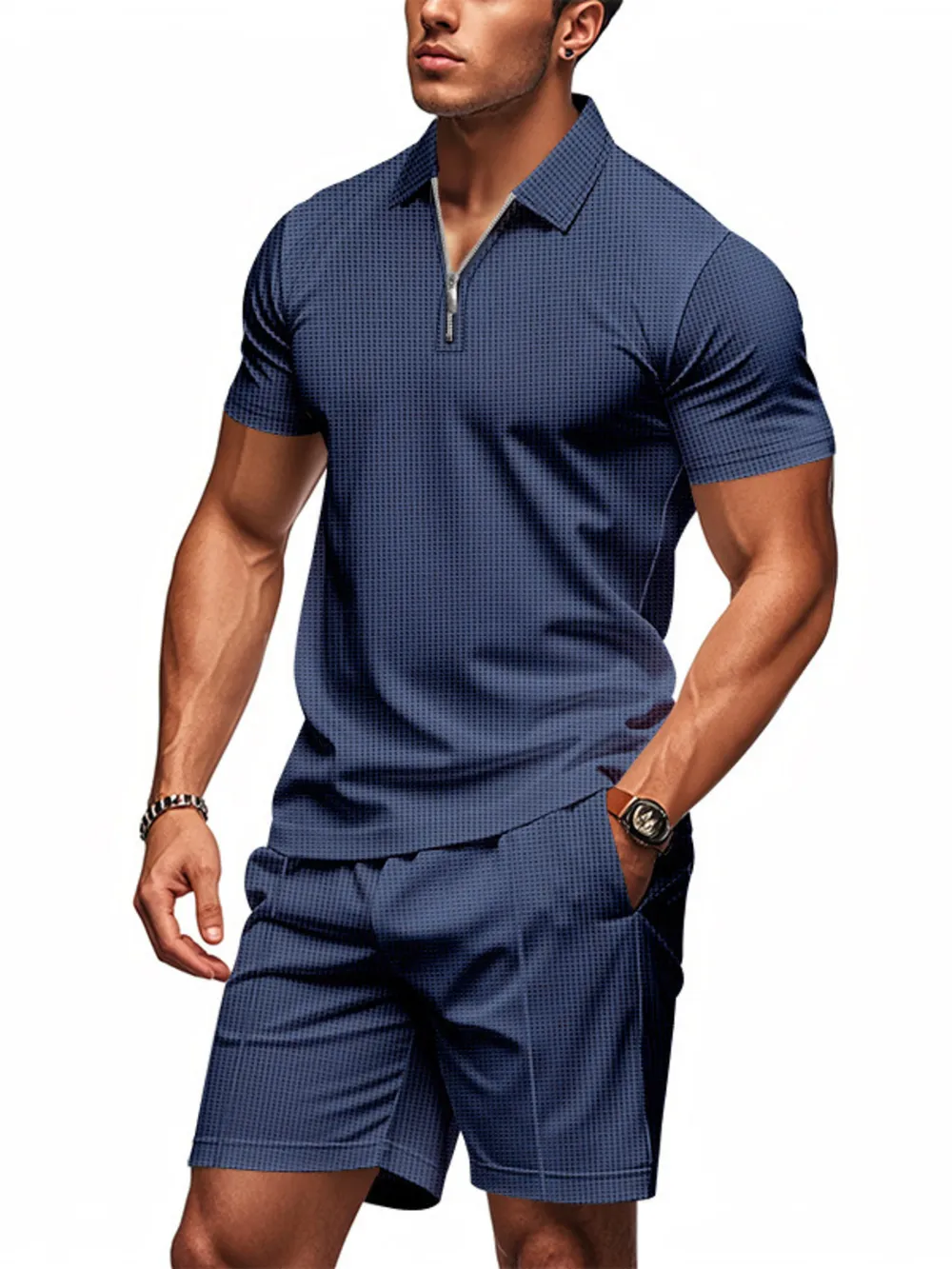 Men's Plus Size Quarter Zip Short Sleeve Top and Shorts Set, image 4